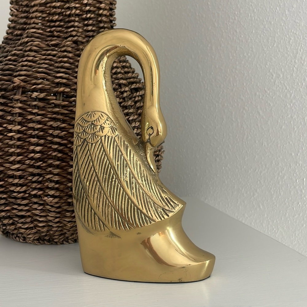 Vintage Brass Swan Book End Paper Weight Decor